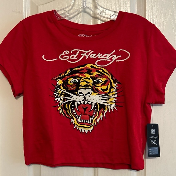 Ed Hardy Red Tiger Signature Logo Front & Back Crop T Tee Shirt NWT choose size - Picture 1 of 15